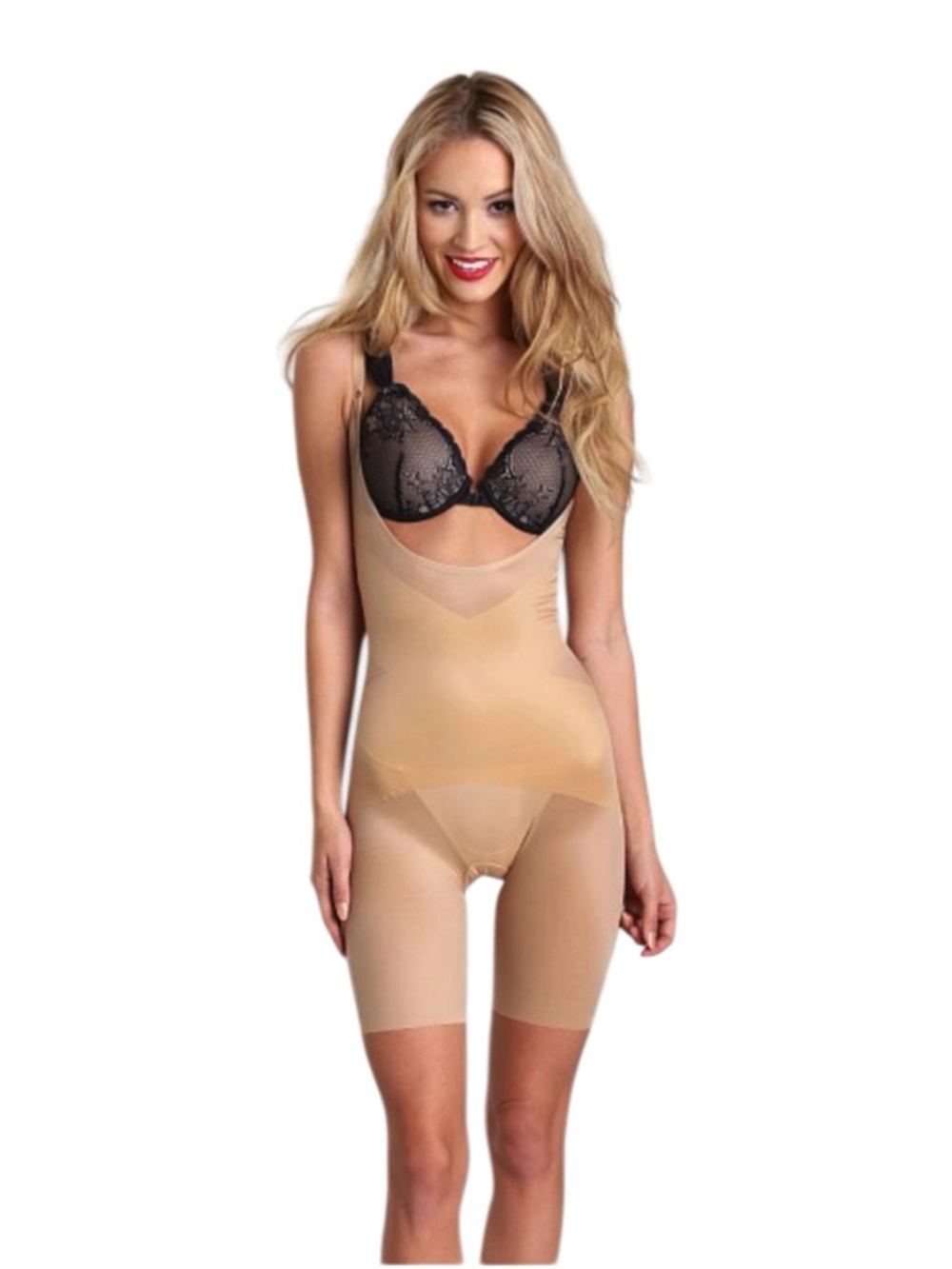 SPANX Skinny Britches-Super Open Bust Mid-Thigh Bodysuit Nude Sheer Shapewear M